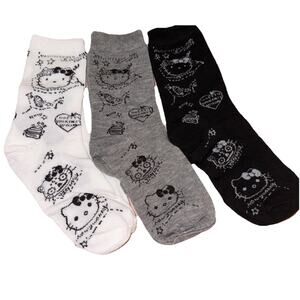 Set Of Three Pairs Women’s Black, Gray, White Hello Kitty Crew Socks